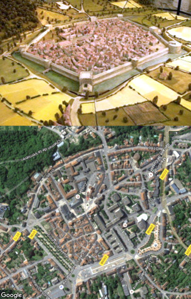 Sur la vue aérienne de Cusset, on retrouve le plan de la ville fortifiée